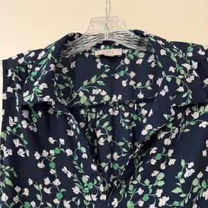 LOFT Navy Floral V-Neck Blouse with Green and White Print